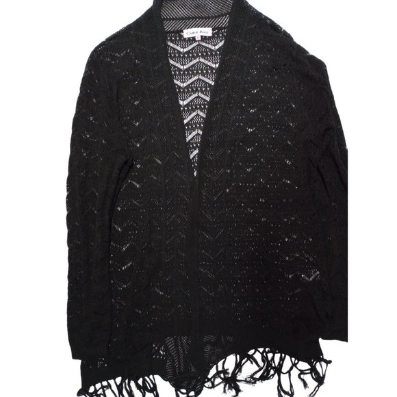 CAROL ROSE Black Lace and Fringe Long Sleeve Cardigan Sweater Size L - Picture 1 of 1